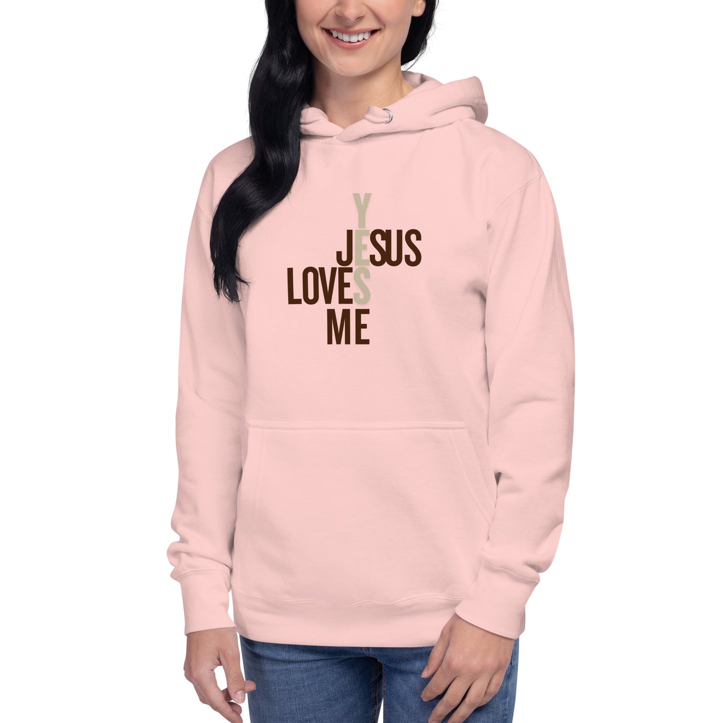 Pink unisex hoodie with graphic design front facing