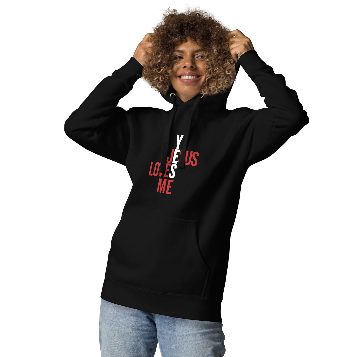 black unisex hoodie with graphic design front facing. 