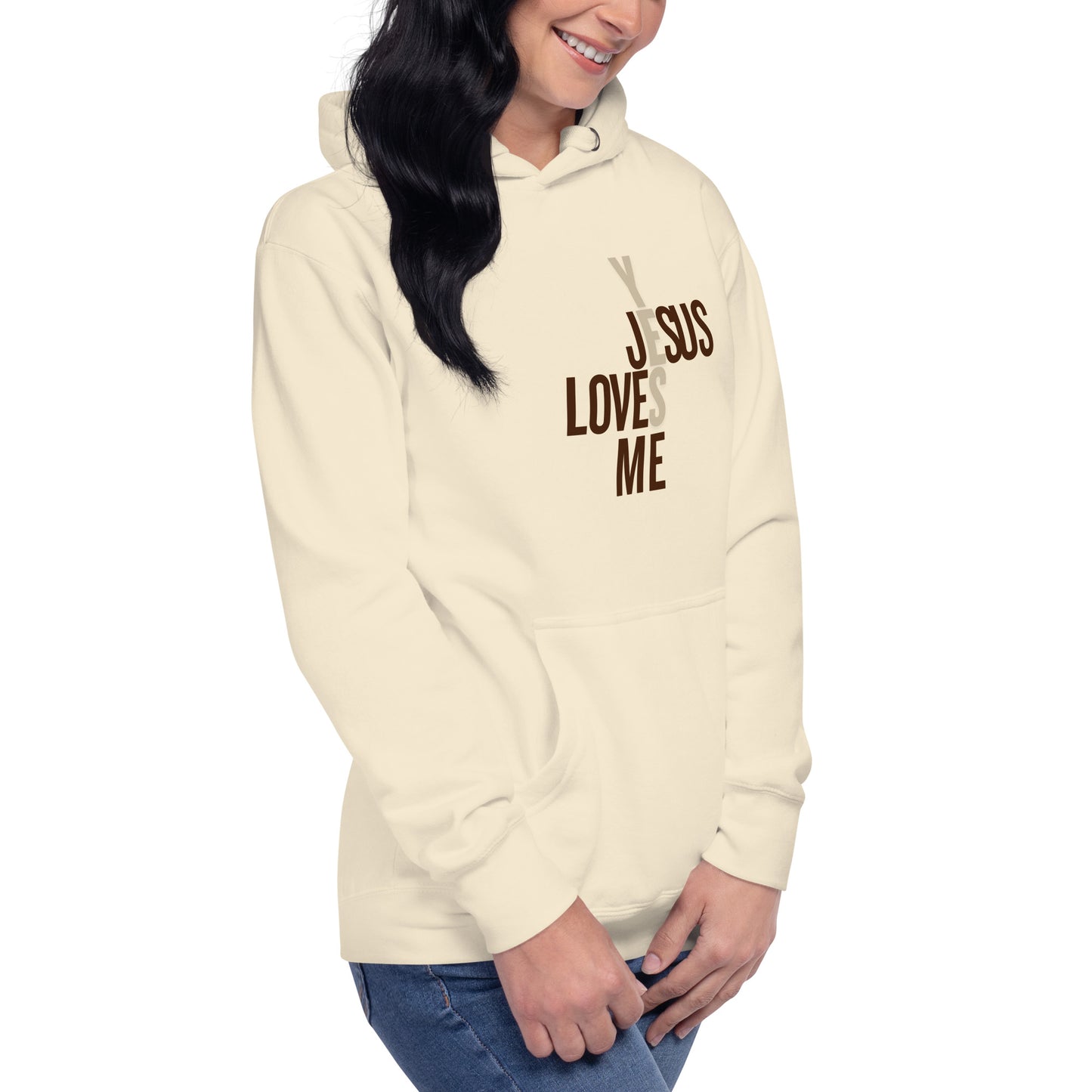 bone white unisex hoodie, side ways with graphic design