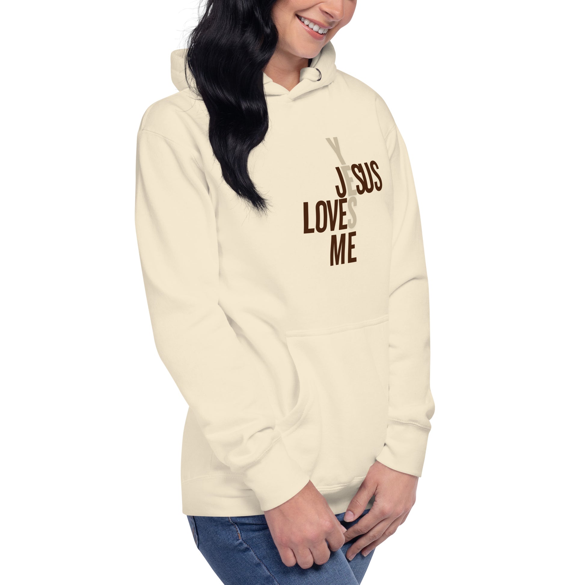 bone white unisex hoodie, side ways with graphic design
