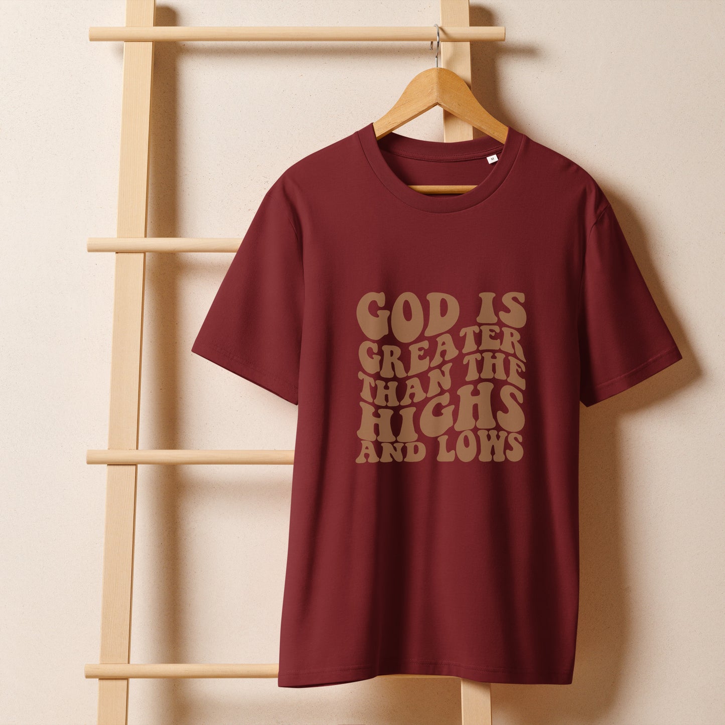 Christian t-shirt with graphic design, burgundy color