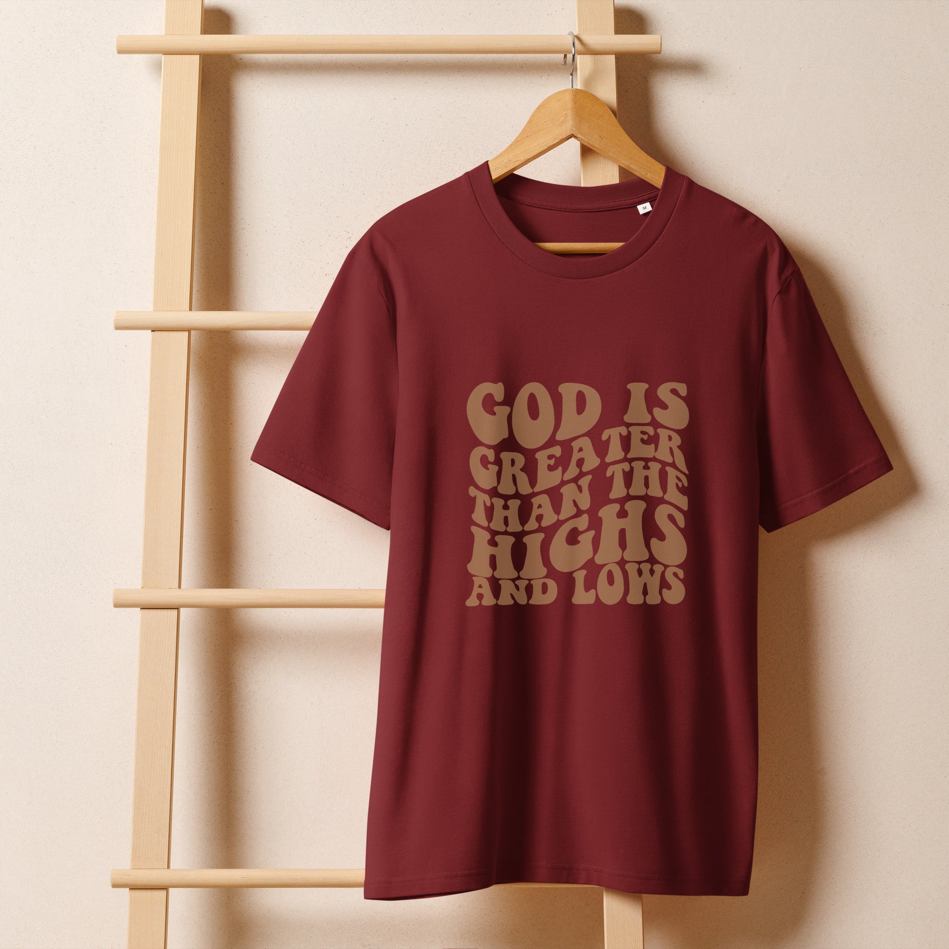 Christian t-shirt with graphic design, burgundy color