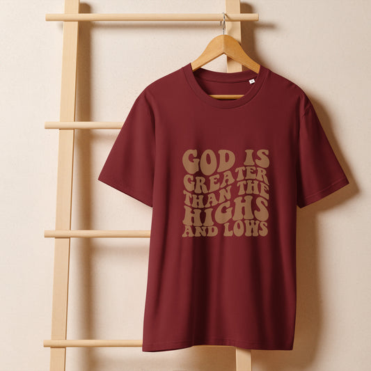 Christian t-shirt with graphic design, burgundy color