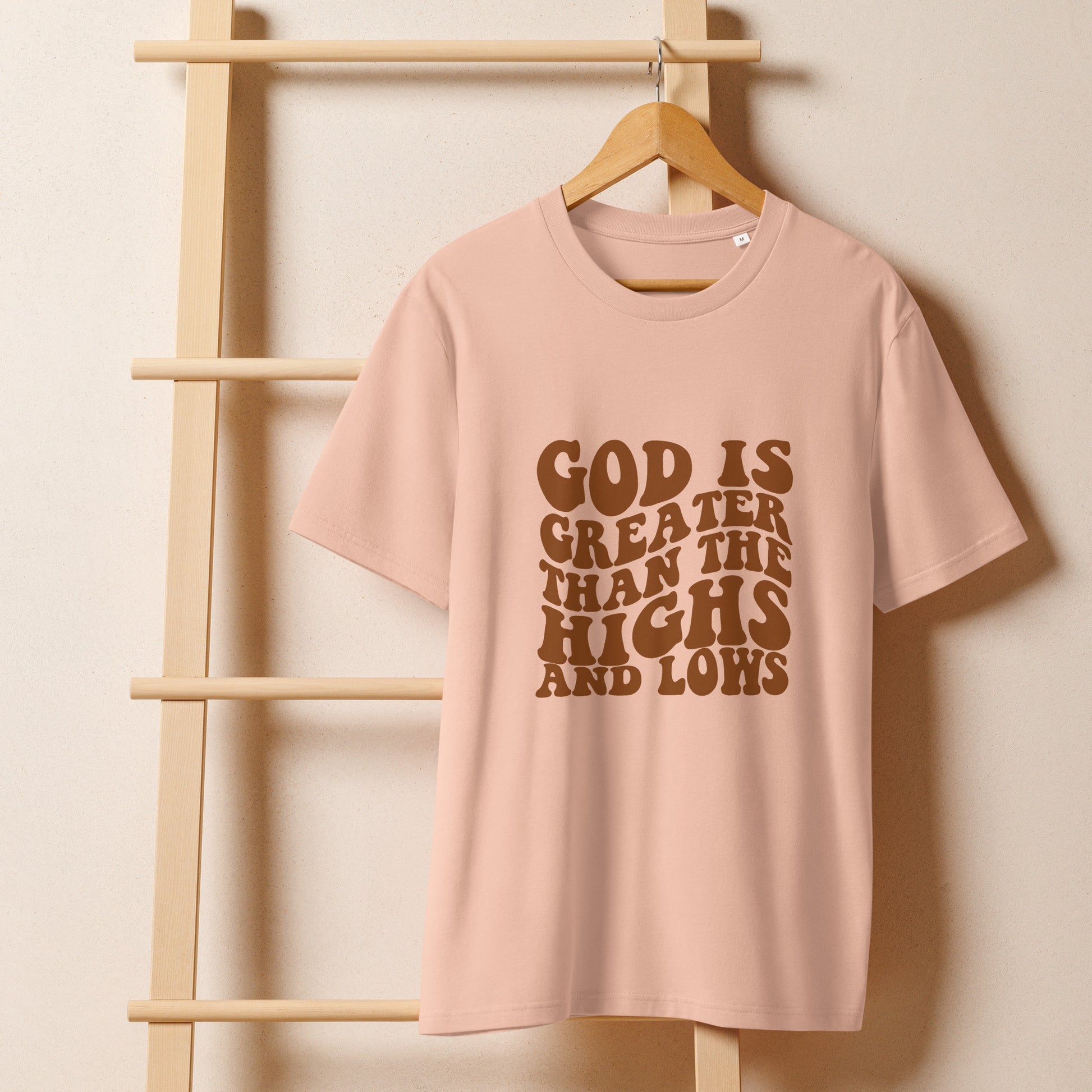 Christian t-shirt, pink with brown graphic design