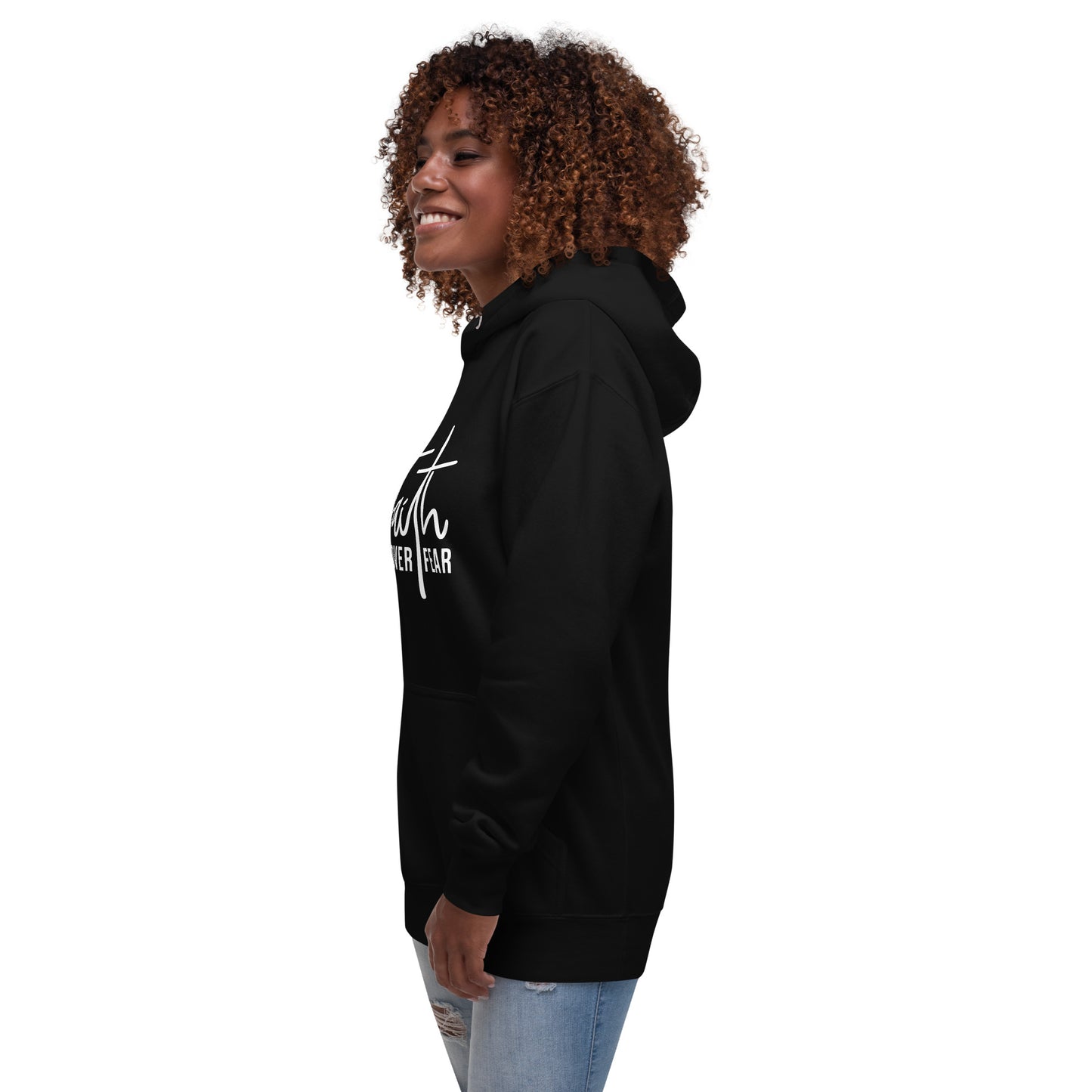 Christian apparel, Christian hoodie, black, with side view, graphic design Faith over fear