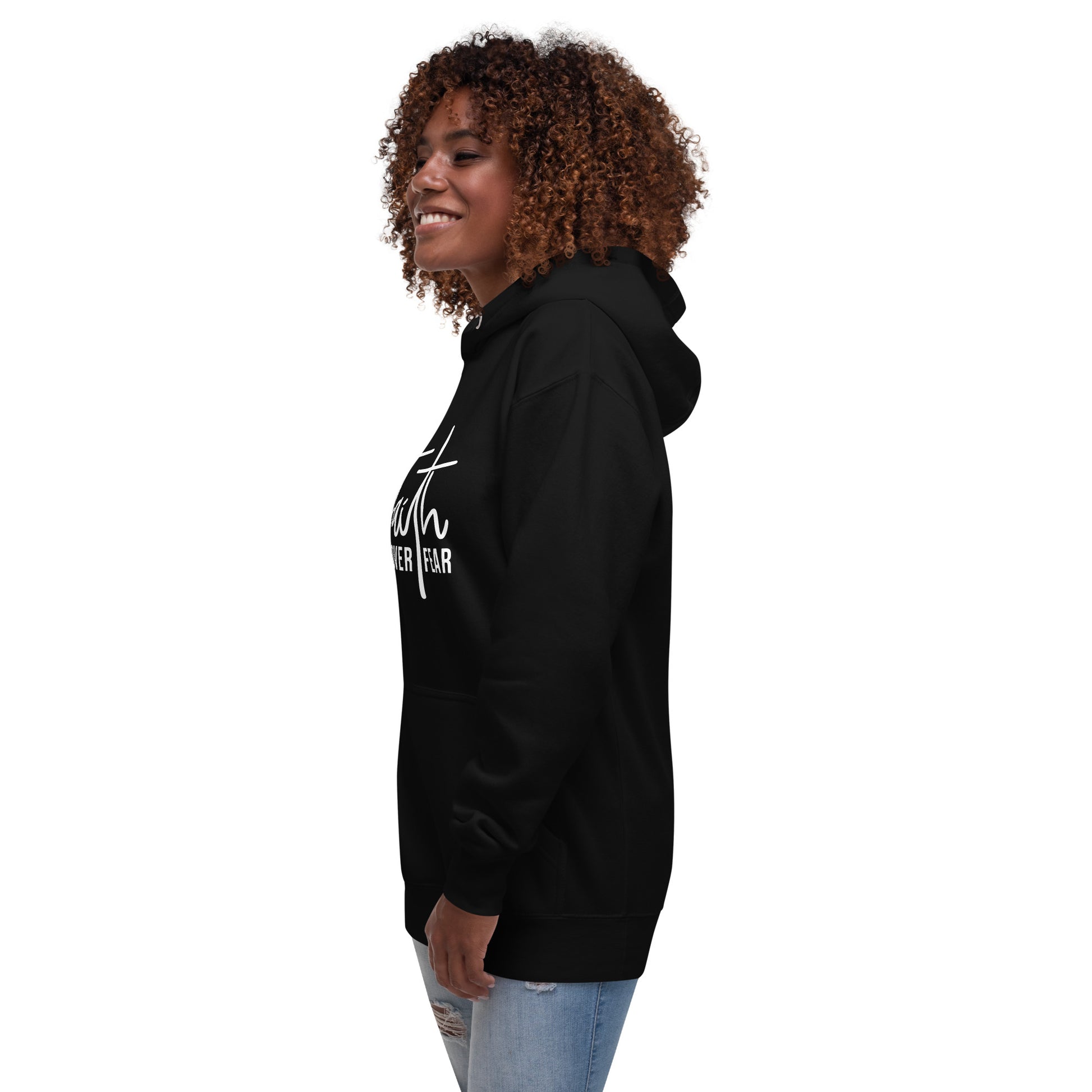 Christian apparel, Christian hoodie, black, with side view, graphic design Faith over fear