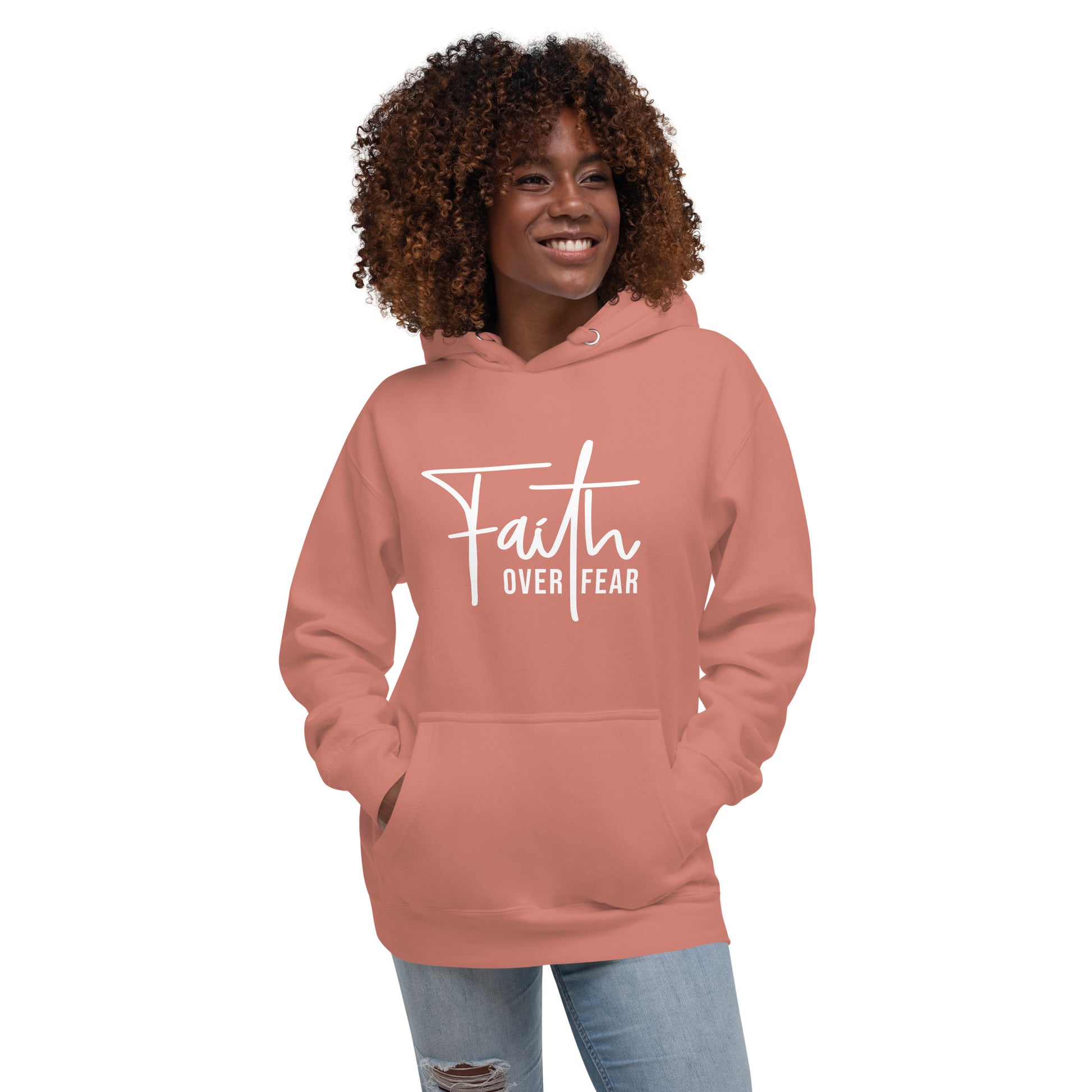 Christian apparel, Christian hoodie, pink, front view, with graphic design Faith over Fear