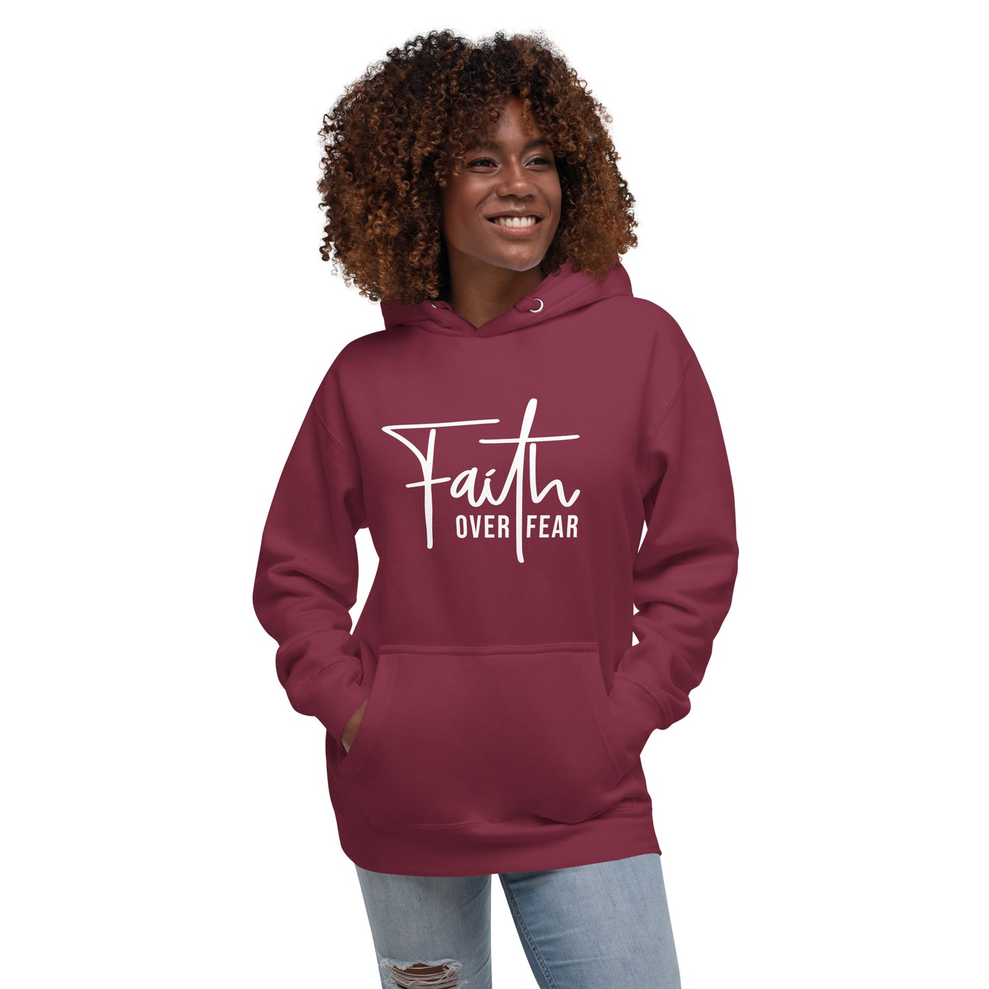 Christian Apparel, Christian hoodie, Cardinal color , front view with graphic design faith over fear