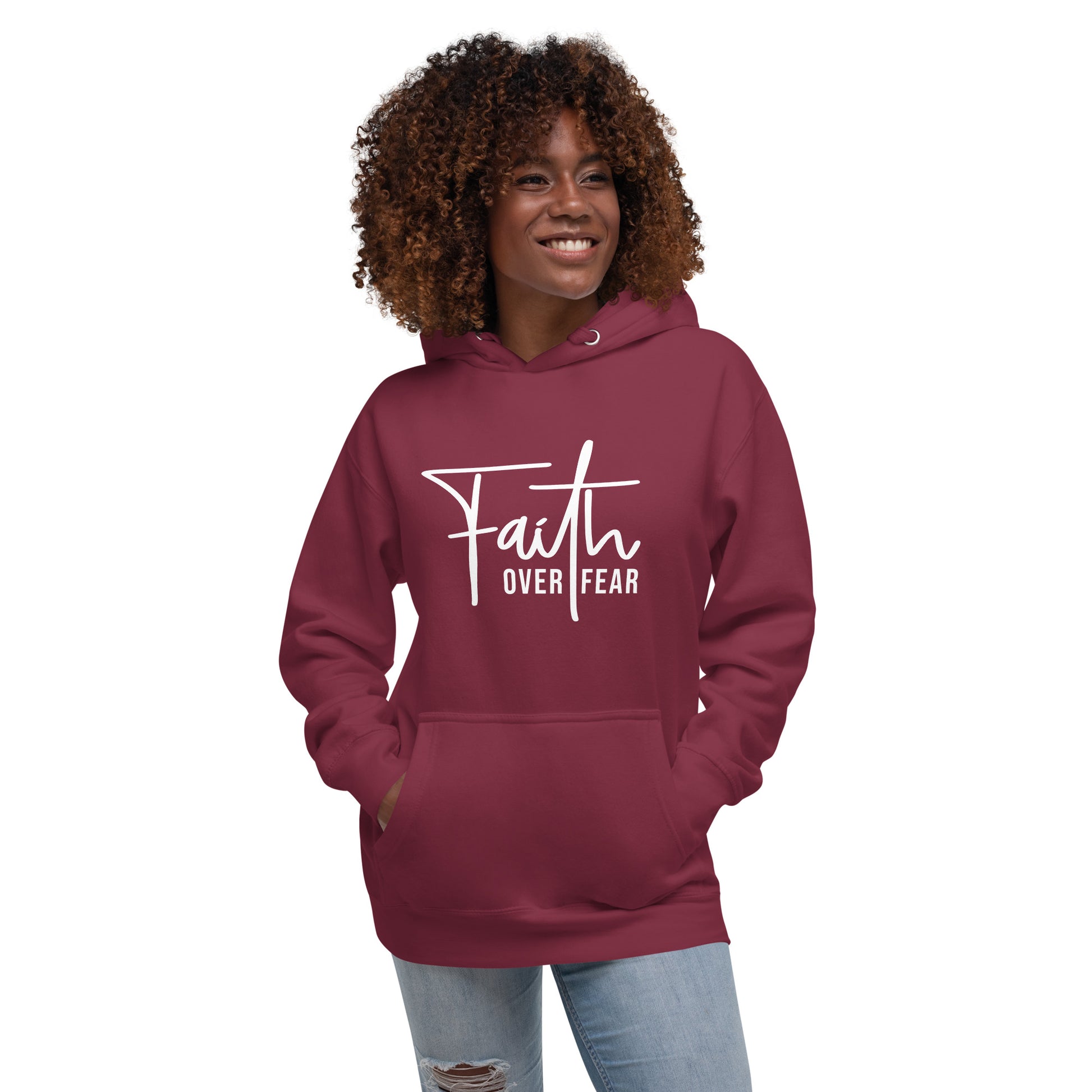Christian Apparel, Christian hoodie, Cardinal color , front view with graphic design faith over fear
