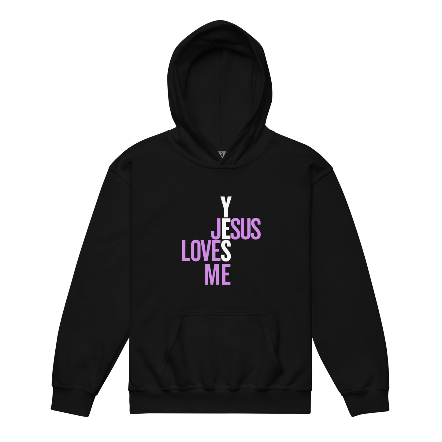 Black Christian hoodie with 'Y JESUS LOVES ME' text in lavender on a black background