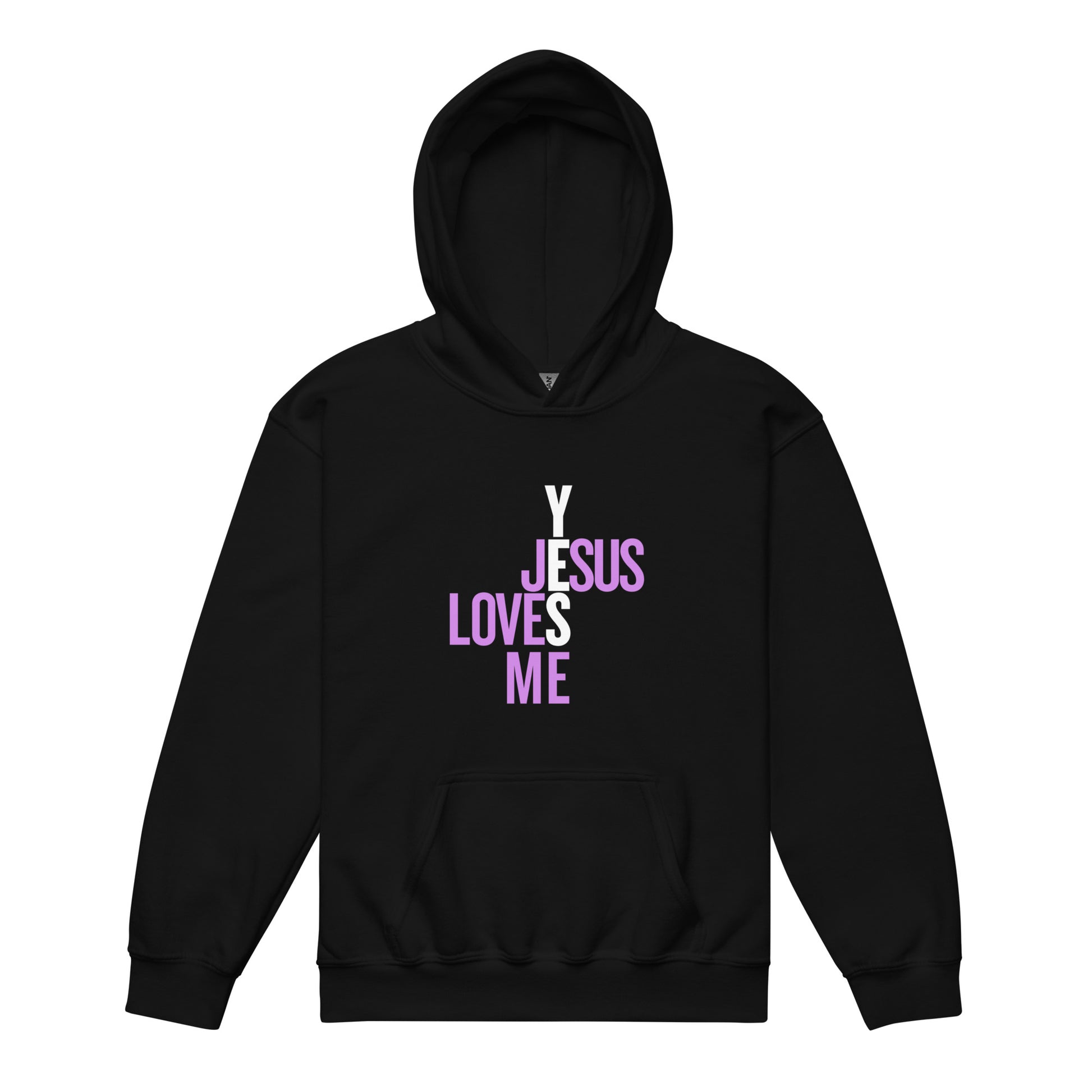 Black Christian hoodie with 'Y JESUS LOVES ME' text in lavender on a black background