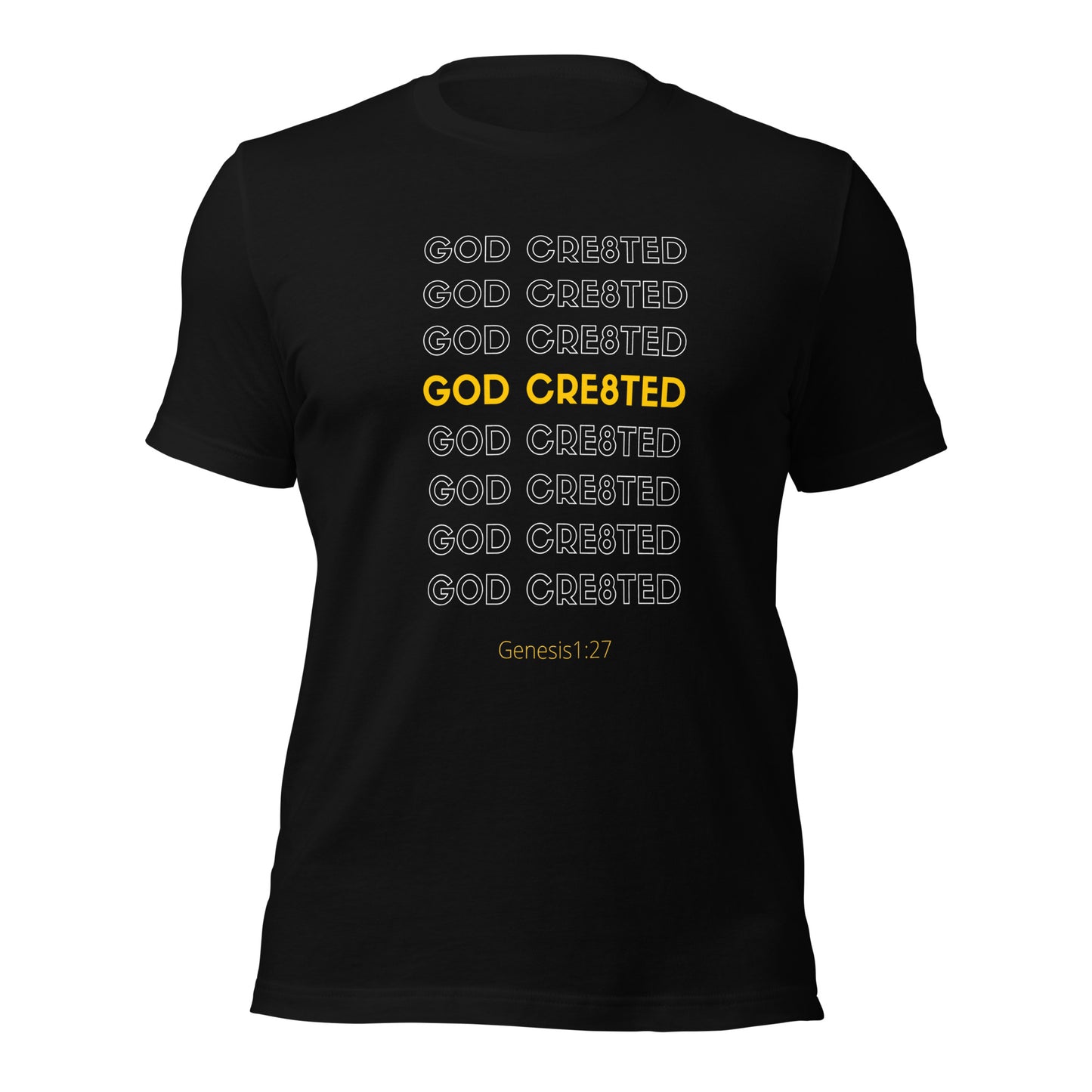 Christian T-shirt, graphic T-shirt, black, front view, with graphic design God created