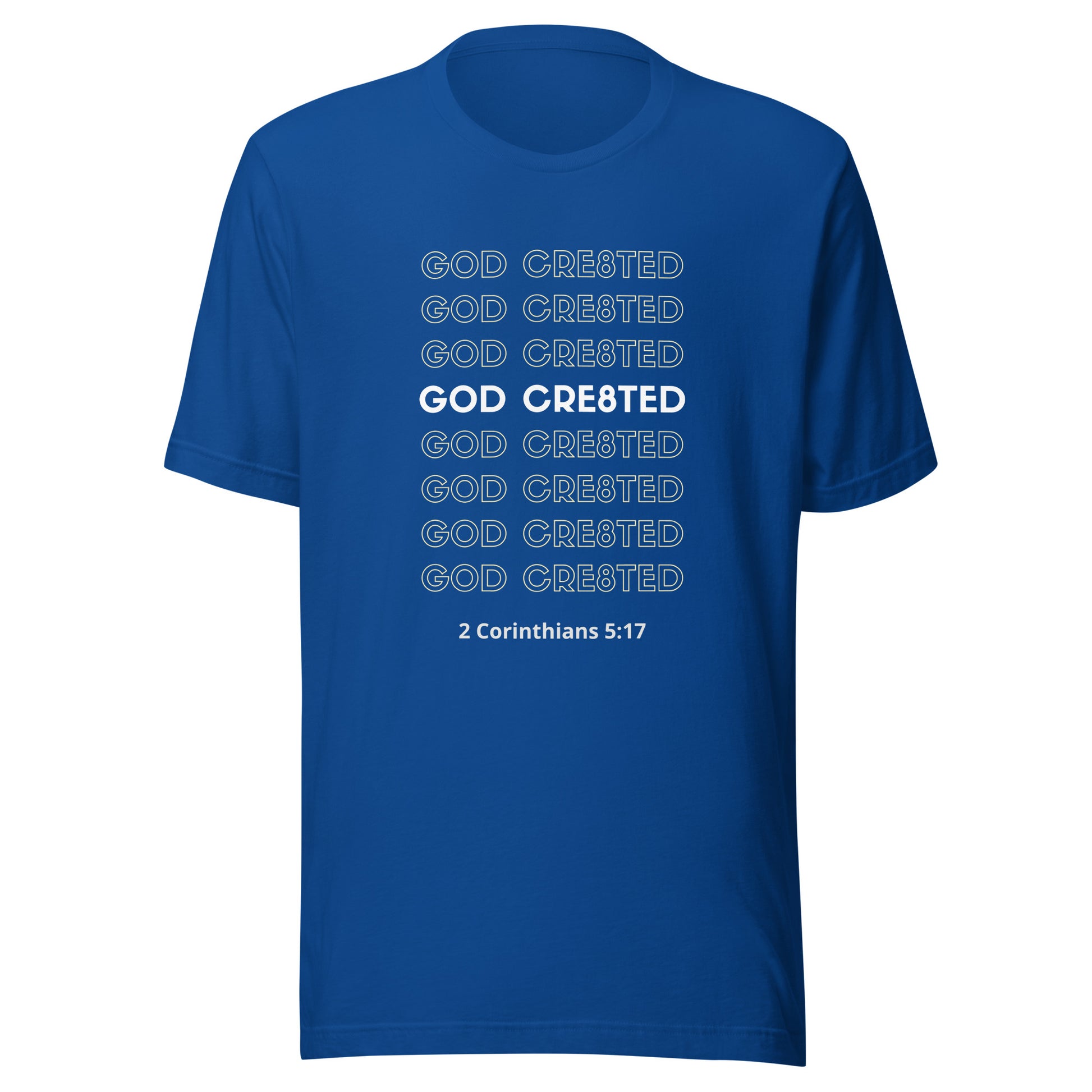 Christian Tee Shirt, Christian T-Shirt royal blue, God Cre8ted, front 